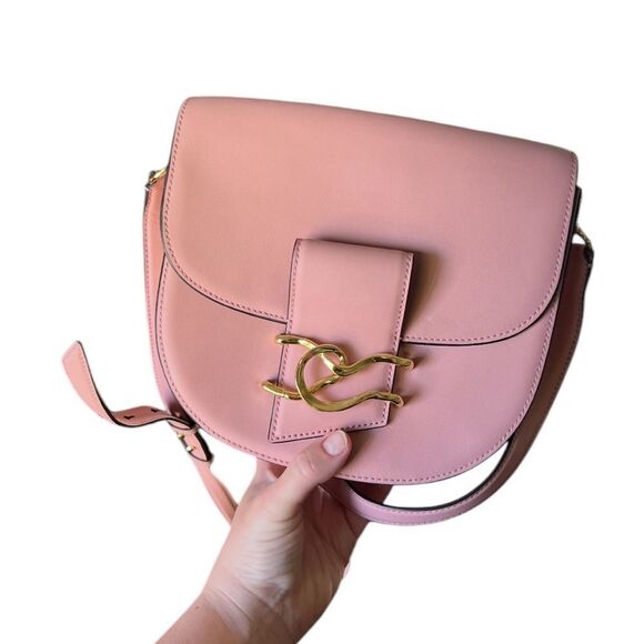 Alexis Bittar Dusty Pink Crossbody TWISTED GOLD LEATHER SADDLE BAG IN DUSTY PINK - Picture 15 of 16